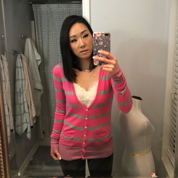 VS Pink Striped Hooded Button Down Cardigan - Picture 4 of 10
